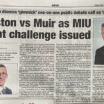 ALEX EASTON MLA CHALLENGES EITHER ANDREW MUIR MLA OR STEPHEN FARRY MP TO A ONE ON ONE PUBLIC DEBATE ON THE PROPOSED CLOSURE OF THE ARDS AND BANGOR MIU UNITS.